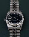 Rolex Datejust 16234 Black Diamond Dial 1994 - Frontaal aanzicht ondersteboven met de kroon links en de wijzerplaat recht in beeld